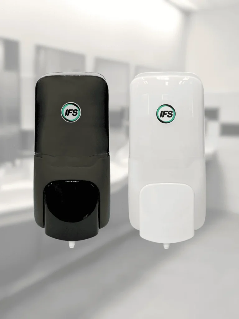 เครื่องจ่ายสบู่ IFS แบบกด สีขาวและสีดำ ดีไซน์ทันสมัย เหมาะสำหรับห้องน้ำองค์กร โรงแรม และสำนักงาน เพื่อสุขอนามัยที่สะอาดและปลอดภัย