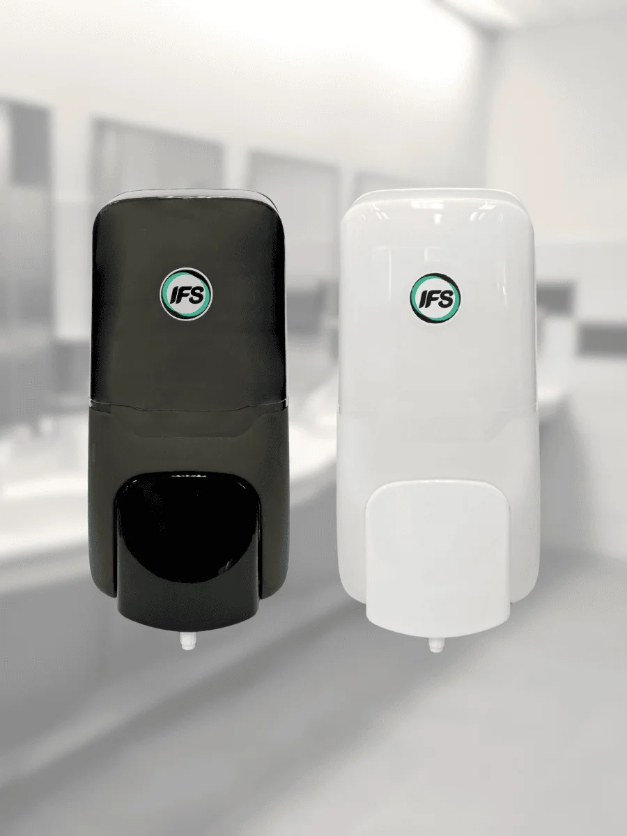 เครื่องจ่ายสบู่ IFS แบบกด สีขาวและสีดำ ดีไซน์ทันสมัย เหมาะสำหรับห้องน้ำองค์กร โรงแรม และสำนักงาน เพื่อสุขอนามัยที่สะอาดและปลอดภัย