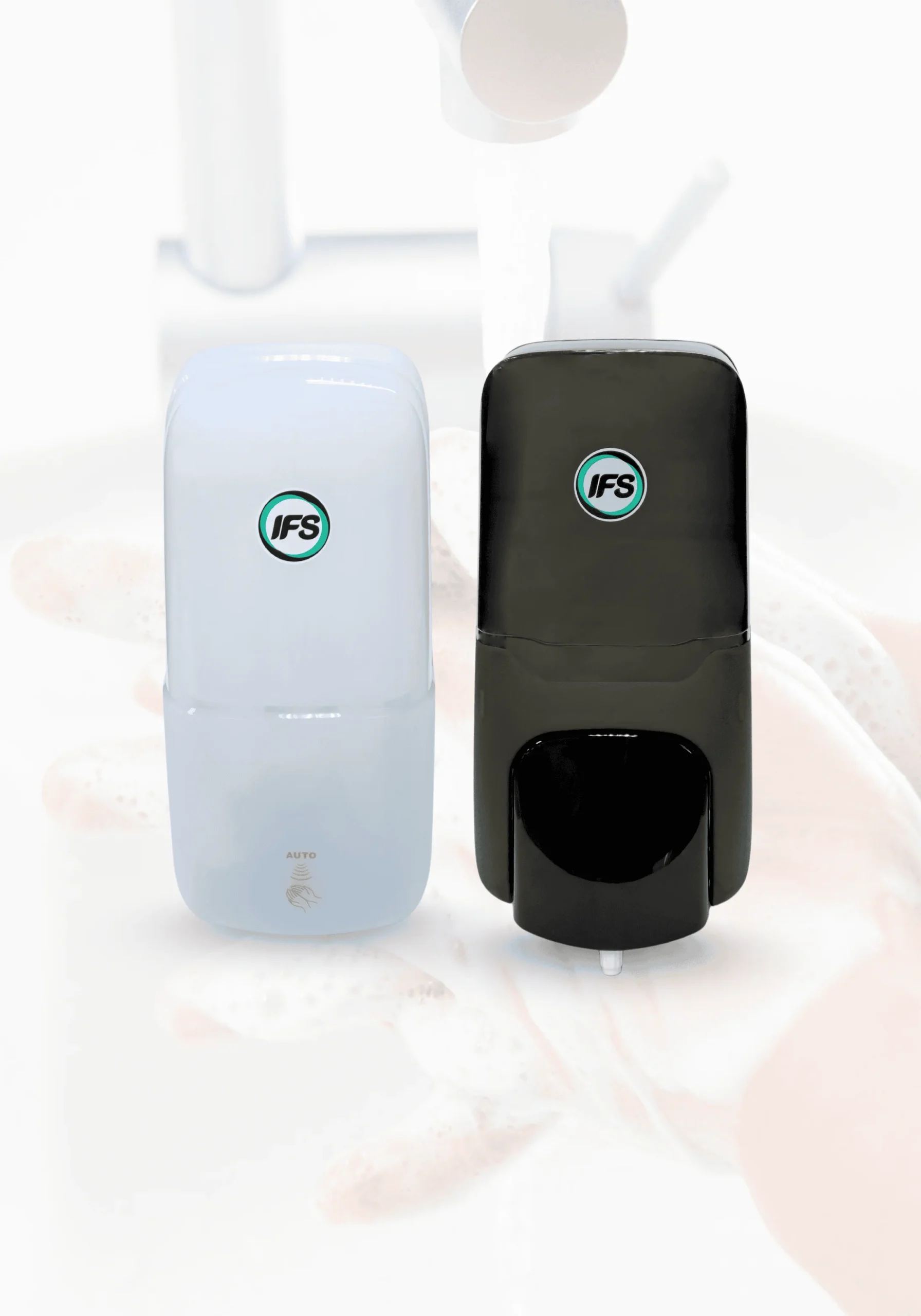 เครื่องจ่ายสบู่ IFS แบบอัตโนมัติและแบบกด สีขาวและสีดำ ดีไซน์ทันสมัย เหมาะสำหรับห้องน้ำองค์กร โรงแรม และสำนักงาน เพื่อสุขอนามัยที่สะอาดและปลอดภัย