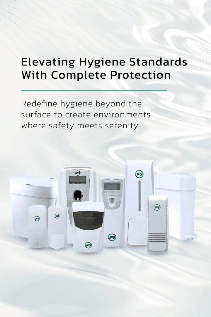 Banner รูปรวมสินค้าสุขภัณฑ์ห้องน้ำคุณภาพสูง ที่ผสานกับมาตรฐานด้าน สุขอนามัย และความปลอดภัยในระดับสากล เรามีผลิตภัณฑ์และบริการที่หลากหลาย ครอบคลุมตั้งแต่เครื่องจ่ายสบู่ เครื่องพ่นสเปรย์ปรับอากาศ ถังรองรับผ้าอนามัยอัตโนมัติ ไปจนถึงเครื่องฆ่าเชื้อและกระดาษชำระ ทุกโซลูชันออกแบบมาเพื่อให้องค์กร โรงงาน โรงแรม และสำนักงาน ได้รับประสบการณ์ห้องน้ำที่สะอาด ทันสมัย และเป็นมิตรต่อสิ่งแวดล้อม จากIFS Thailand