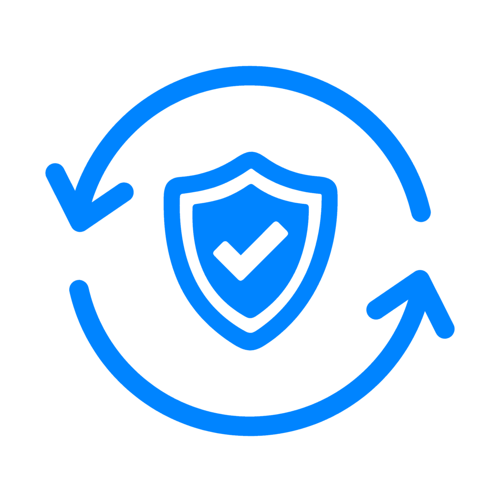 ไอคอนโล่ในวงลูกศร สื่อถึงการทบทวนและปรับปรุงระบบรักษาความปลอดภัยอย่างต่อเนื่อง