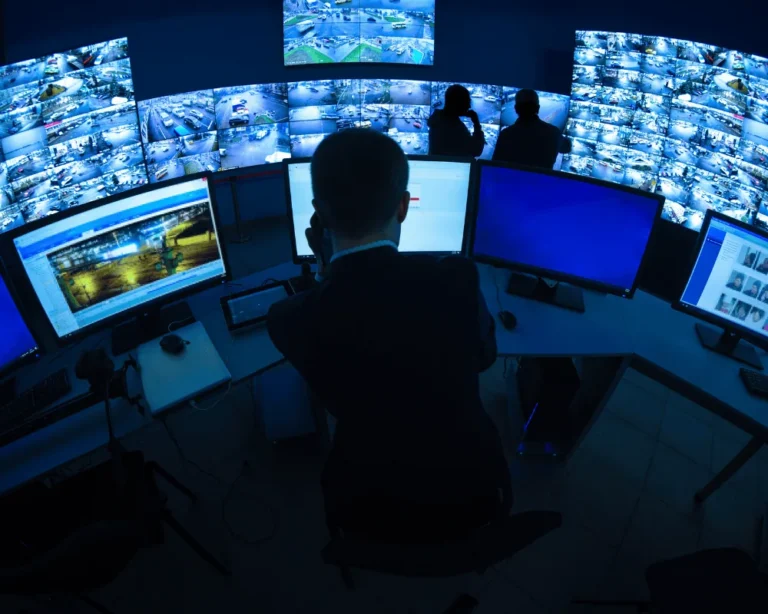 เจ้าหน้าที่รักษาความปลอดภัยกำลังเฝ้าระวังผ่านจอมอนิเตอร์หลายจอในห้องควบคุมระบบกล้องวงจรปิด เพื่อดูแลความปลอดภัยและตรวจสอบพื้นที่ต่าง ๆ ==== Security officers are monitoring multiple screens in the CCTV control room to ensure safety and inspect various areas.