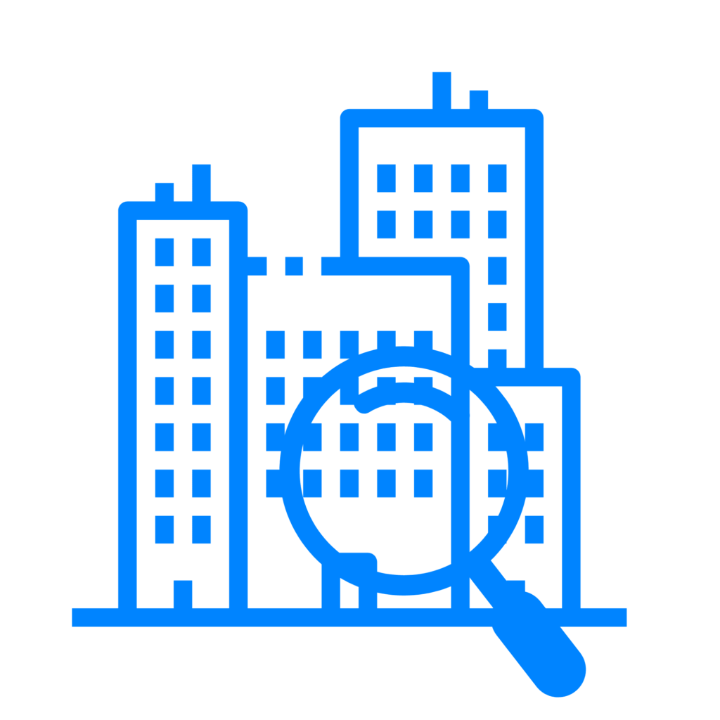 ไอคอนอาคารพร้อมแว่นขยาย แทนการสำรวจพื้นที่และวิเคราะห์ความเสี่ยงเพื่อวางมาตรการรักษาความปลอดภัย ==== A building icon with a magnifying glass representing site surveys and risk analysis to plan security measures.