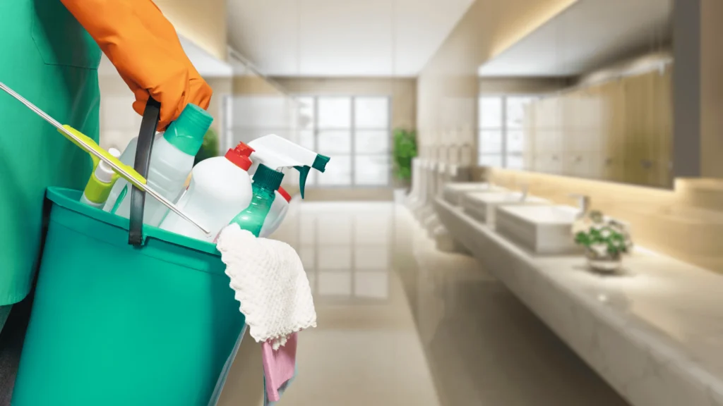 การจัดเตรียมอุปกรณ์และน้ำยาทำความสะอาดโดยพนักงานมืออาชีพของ IFS Thailand เพื่อดูแลความสะอาดและสุขอนามัยของห้องน้ำองค์กรอย่างมีมาตรฐาน