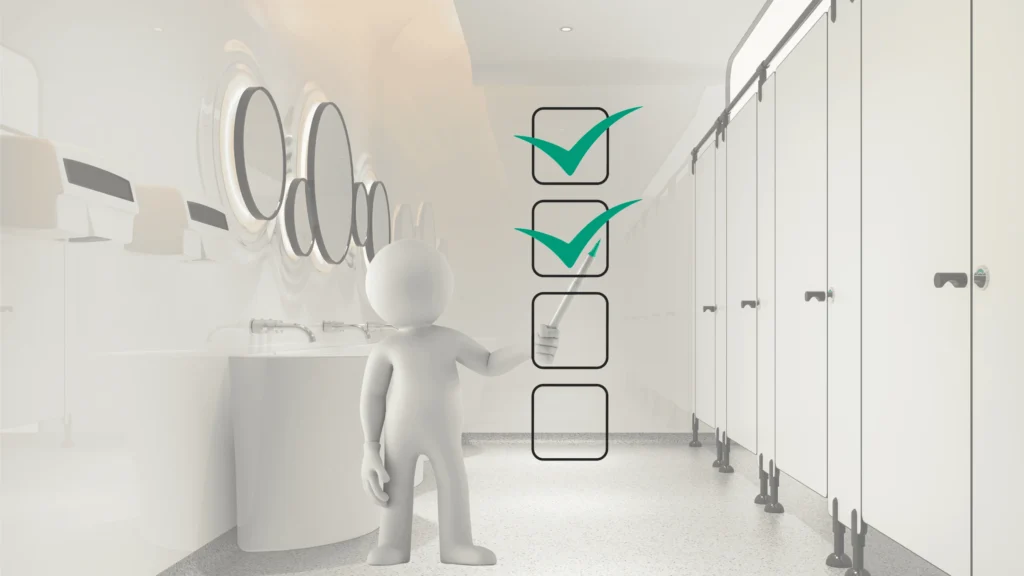 ภาพสื่อถึงการตรวจประเมินตามรายการเช็กลิสต์ เพื่อควบคุมคุณภาพการดูแลสุขอนามัยห้องน้ำให้ได้ตามมาตรฐานของ IFS Thailand