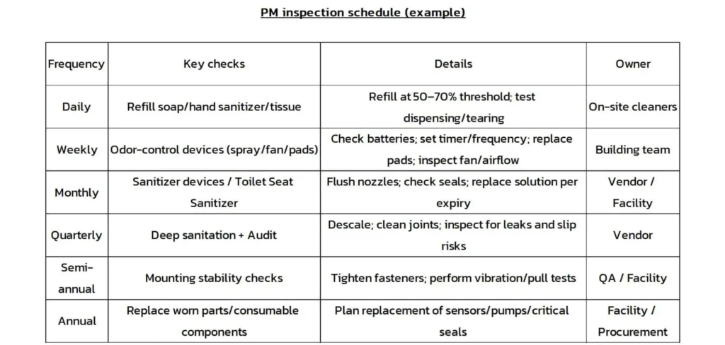 PM Inspection Schedule (Example) for restroom maintenance, categorized by inspection frequency such as daily, weekly, monthly, quarterly, semi-annually, and annually. It lists main inspection tasks, details, and responsible parties, such as:
Daily: Refill soap/hand sanitizer/paper towels by the assigned cleaning staff.
Weekly: Check odor control devices (sprays, fans, scent pads) by the building maintenance team.
Monthly: Clean head nozzles, check seals, and replace disinfectant by Vendor or Facility.
Quarterly: Perform detailed hygiene checks and audits by Vendor.
Semi-Annually: Inspect stability of installations, tighten screws, and test durability by QA or Facility.
Annually: Replace essential parts like sensors, pumps, and seals by Facility or Purchasing.
The bottom of the table includes a note that IFS Thailand offers comprehensive maintenance services, including area inspections, PM scheduling, and reporting with no additional cost.