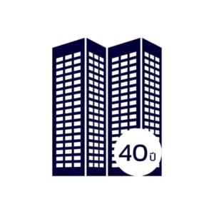 ไอคอนรูปอาคารสูงสองหลังพร้อมสัญลักษณ์วงกลมเขียนว่า 40 ปี สื่อถึงประสบการณ์บริหารอาคารยาวนานของ IFS