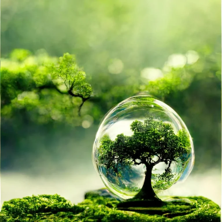ภาพต้นไม้สีเขียวภายในทรงกลมใส สื่อถึงแนวคิดการอนุรักษ์ธรรมชาติและความยั่งยืนของสิ่งแวดล้อม (ESG-environmental-social-govenance)