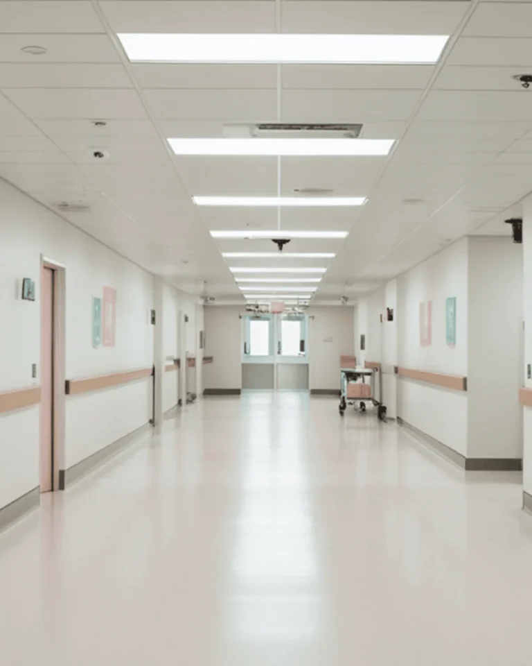 โถงทางเดินภายในโรงพยาบาลที่สะอาด เงาเรียบ และเป็นระเบียบ แสดงถึงมาตรฐานงานทำความสะอาดและสุขอนามัยที่เหมาะสำหรับสถานพยาบาล