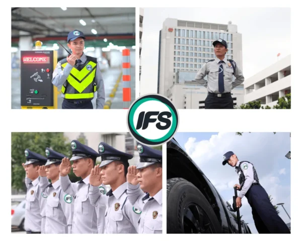 ภาพรวมเจ้าหน้าที่รักษาความปลอดภัย IFS ขณะปฏิบัติหน้าที่ ทั้งการตรวจตราพื้นที่ ที่จอดรถ การยืนประจำจุดหน้าอาคาร และการตรวจสอบรถยนต์ พร้อมโลโก้ IFS อยู่ตรงกลางภาพ