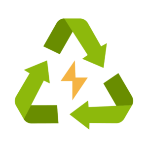 สัญลักษณ์ลูกศรสีเขียวเรียงเป็นวงจรรีไซเคิล ล้อมรอบสายฟ้าสีส้ม แสดงถึงการใช้พลังงานอย่างมีประสิทธิภาพและหมุนเวียน ลดการใช้ทรัพยากรใหม่และการปล่อยก๊าซเรือนกระจก สื่อถึงแนวคิดการจัดการพลังงานและของเสียตลอดวัฏจักรชีวิตสินค้า เพื่อลด carbon footprint ขององค์กรและโลกใบนี้อย่างยั่งยืน.