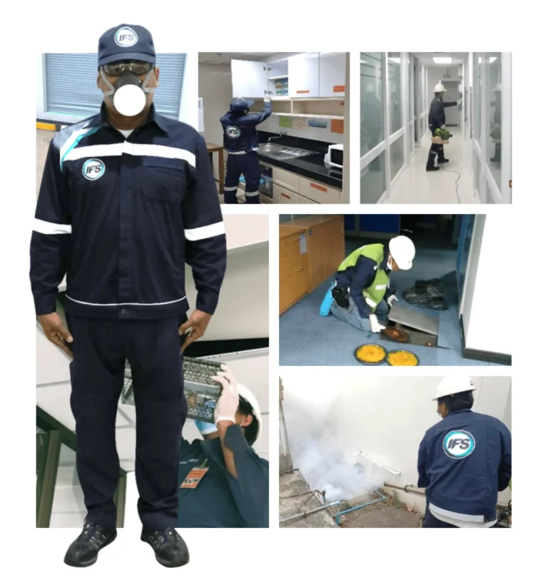 ทีมช่าง IFS ปฏิบัติงาน Pest Control ครบวงจร ทั้งตรวจจุดเสี่ยง ติดตั้งเหยื่อล่อ/กับดัก และพ่นหมอกควัน-ฉีดพ่นในพื้นที่อาคารและสำนักงาน เพื่อควบคุมแมลงและสัตว์รบกวนอย่างเป็นระบบตามมาตรฐานความปลอดภัยและสุขอนามัย