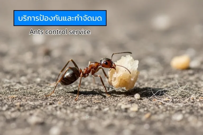 ภาพมดกำลังคาบเศษอาหารบนพื้น สื่อถึงปัญหามดภายในบ้านและบริการป้องกันกำจัดมดอย่างมีประสิทธิภาพ