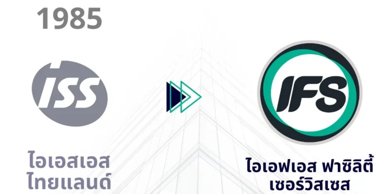 ภาพแสดงประวัติการเปลี่ยนแปลงแบรนด์จาก ISS Thailand ก่อตั้งปี 1985 สู่ IFS Facility Services พร้อมโลโก้เดิมและโลโก้ปัจจุบัน”