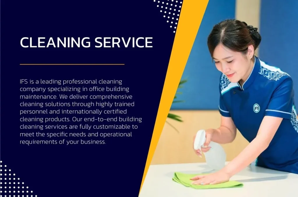 พนักงานบริษัททำความสะอาดกำลังเช็ดทำความสะอาดโต๊ะสำนักงานด้วยอุปกรณ์และน้ำยามาตรฐานระดับมืออาชีพ”