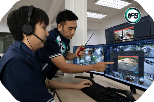 เจ้าหน้าที่ศูนย์ควบคุมความปลอดภัย IFS กำลังเฝ้าระวังกล้องวงจรปิด (CCTV) และประสานงานผ่านวิทยุสื่อสารเพื่อตรวจสอบเหตุการณ์แบบเรียลไทม์