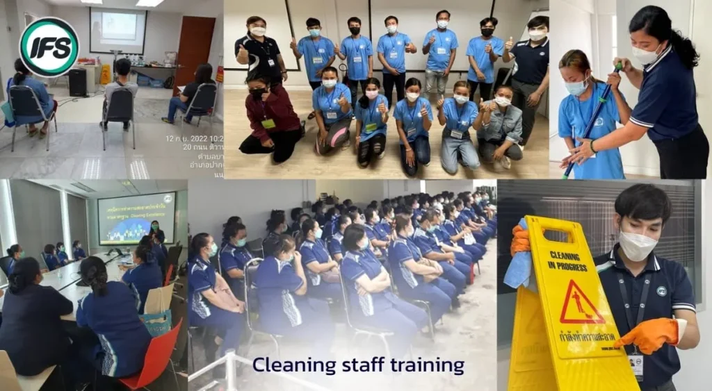 ภาพการอบรมพนักงานทำความสะอาดทั้งภาคทฤษฎีและปฏิบัติ เพื่อยกระดับมาตรฐานการให้บริการและความปลอดภัยในการทำงาน