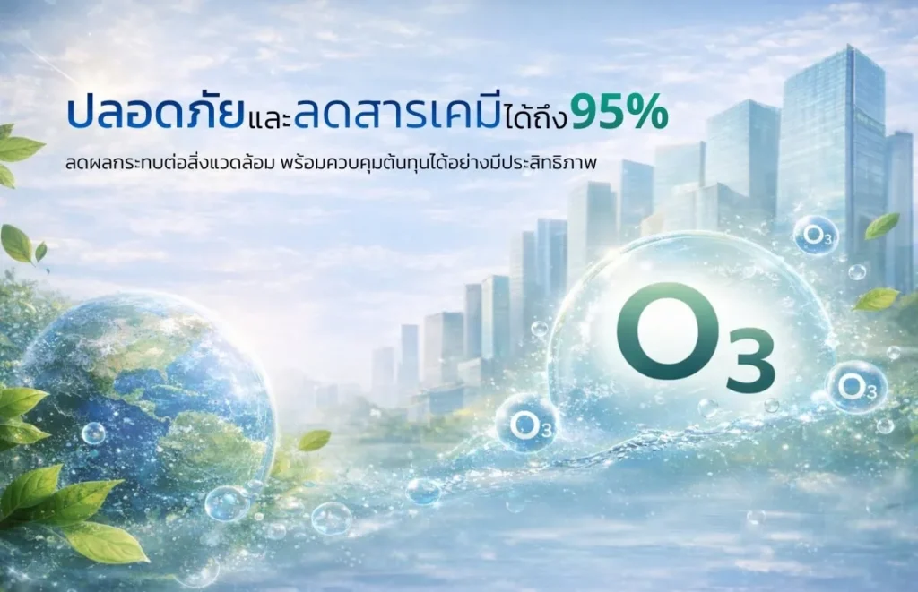 ภาพสื่อเทคโนโลยีทำความสะอาดด้วยโอโซน (O3) ชูจุดเด่นความปลอดภัยและการลดการใช้สารเคมีได้สูงสุด 95% พร้อมแนวคิดเป็นมิตรต่อสิ่งแวดล้อมและลดผลกระทบต่อโลก