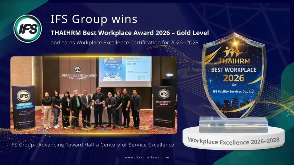 รูปกลุ่ม คณะผู้บริหารยืนถ่ายรูปถือรางวัล รูปรางวัล THAIHRM Best Workplace Award 2026 – Gold Level-banner