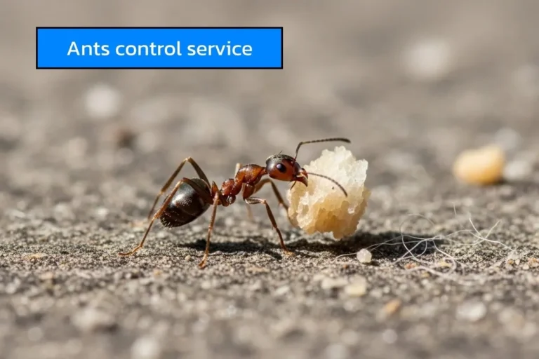 ภาพมดกำลังคาบเศษอาหารบนพื้น สื่อถึงปัญหามดภายในบ้านและบริการป้องกันกำจัดมดอย่างมีประสิทธิภาพ