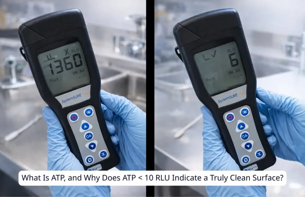 ภาพเครื่องวัดค่า ATP สำหรับตรวจสอบความสะอาดพื้นผิว แสดงค่าหน่วย RLU บนอุปกรณ์ เปรียบเทียบผลก่อนและหลังทำความสะอาดในพื้นที่เตรียมอาหารหรือห้องปฏิบัติการ