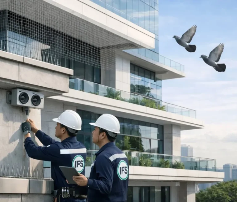 รูปพนักงานบริษัท ไอเอฟเอส กำลังให้บริการป้อมกันและควบคุมสัตว์รบกวนอยู่ โดยในรูปกำลังติดตั้งอุปกรณ์สำหรับป้องกันนกพิราบ