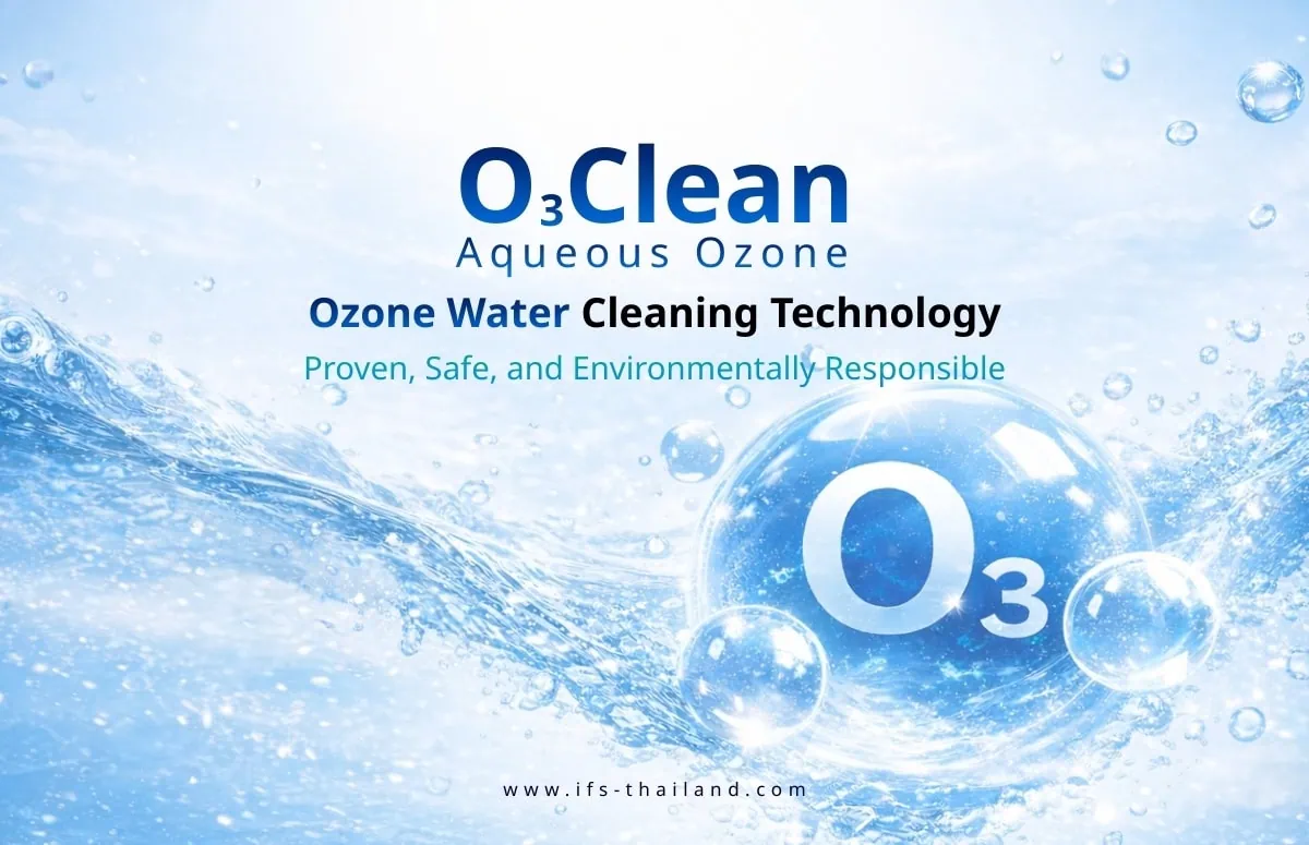 ภาพประชาสัมพันธ์เทคโนโลยีทำความสะอาดด้วยน้ำโอโซน O3Clean แสดงฟองอากาศ O3 ในน้ำ สื่อถึงความสะอาด ปลอดภัย และเป็นมิตรต่อสิ่งแวดล้อม