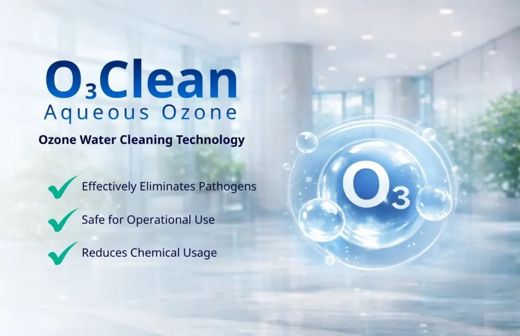 ภาพประชาสัมพันธ์ O3Clean เทคโนโลยีทำความสะอาดด้วยน้ำโอโซน แสดงสัญลักษณ์ O3 พร้อมข้อความจุดเด่นเรื่องการฆ่าเชื้ออย่างมีประสิทธิภาพ ปลอดภัยต่อการใช้งาน และช่วยลดการใช้สารเคมี