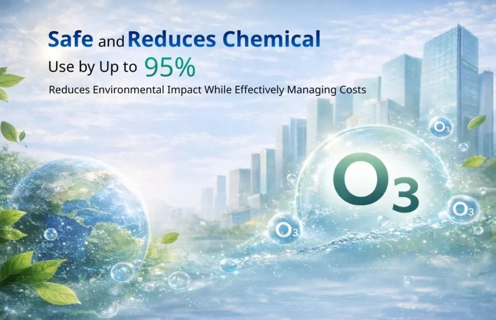 ภาพสื่อเทคโนโลยีทำความสะอาดด้วยโอโซน (O3) ชูจุดเด่นความปลอดภัยและการลดการใช้สารเคมีได้สูงสุด 95% พร้อมแนวคิดเป็นมิตรต่อสิ่งแวดล้อมและลดผลกระทบต่อโลก