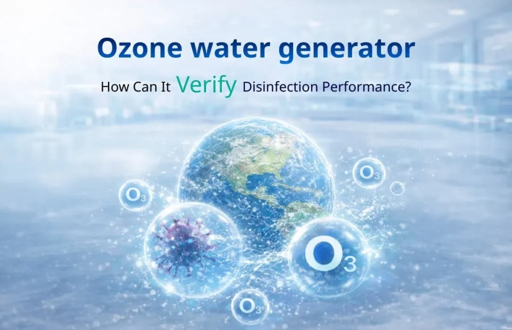 ภาพสื่อถึงเครื่องผลิตน้ำโอโซน พร้อมสัญลักษณ์ O3 และกราฟิกแสดงการยับยั้งเชื้อโรค สื่อถึงประสิทธิภาพในการฆ่าเชื้อและความปลอดภัยต่อสิ่งแวดล้อม