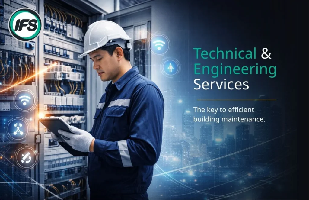 รูปพนักงานช่างเทคนิคกำลังตรวจสอบความถูกต้องของระบบ สื่อถือบริการเทคนิคและวิศวกรรม ของกลุ่มบริษัท ไอเอฟเอส