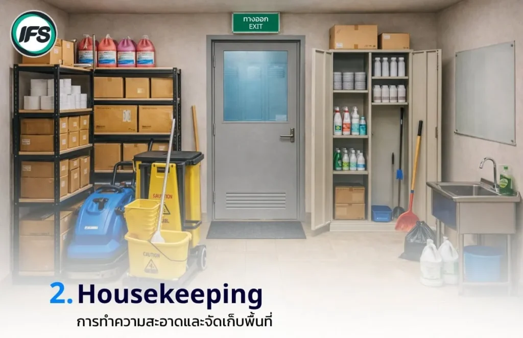 ภาพห้องเก็บอุปกรณ์ทำความสะอาด มีชั้นวางกล่อง น้ำยาทำความสะอาด ไม้ถูพื้น และถังขยะ จัดเป็นระเบียบ พร้อมข้อความ “Housekeeping การทำความสะอาดและจัดเก็บพื้นที่” สื่อถึงการจัดการพื้นที่ทำงานอย่างปลอดภัย ของกลุ่มบริษัท ไอเอฟเอส