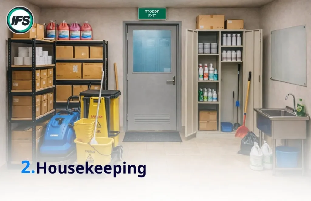 ห้องเก็บอุปกรณ์ทำความสะอาดที่จัดเป็นระเบียบ มีชั้นวางสินค้า น้ำยาทำความสะอาด และอุปกรณ์แม่บ้าน สื่อถึงงาน housekeeping ในสถานที่ทำงาน - ภาพประกอบบทความ 10 กฎความปลอดภัยของกลุ่มบริษัท ไอเอฟเอส ฟาซิลิตี้ จำกัด