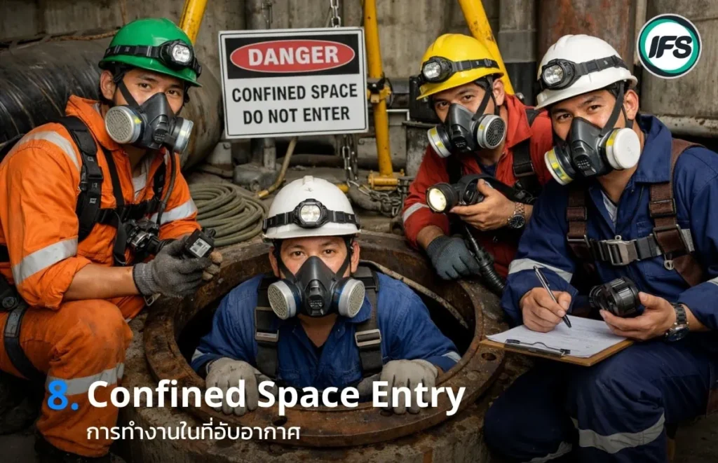 ภาพทีมงานสวมอุปกรณ์ป้องกันและหน้ากากกรองอากาศกำลังเตรียมทำงานในพื้นที่อับอากาศ มีป้ายเตือน “Danger Confined Space Do Not Enter” สื่อถึงความปลอดภัยในการทำงานในที่อับอากาศ และเกี่ยวข้องกับ 4 ผู้ ในงานอับอากาศ