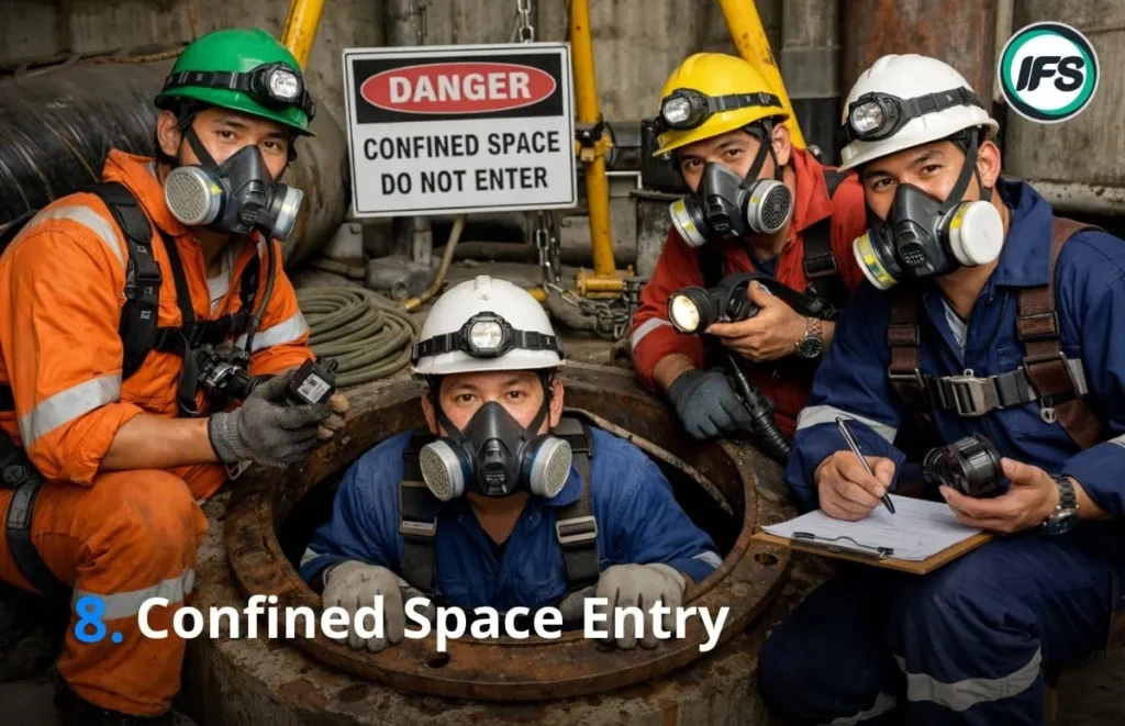 ทีมงานสวมอุปกรณ์ป้องกันและหน้ากากกำลังเตรียมเข้าพื้นที่อับอากาศ พร้อมป้ายเตือนอันตราย สื่อถึงความปลอดภัยในการทำงานในพื้นที่จำกัด - "4 ผู้ทำงานในที่อับอากาศ" (Confined Space) เป็นข้อกำหนดตามกฎหมายความปลอดภัยปี 2562 เพื่อป้องกันอุบัติเหตุอันตรายถึงชีวิต โดยแบ่งหน้าที่หลัก 4 กลุ่ม ได้แก่ 1.ผู้อนุญาต 2.ผู้ควบคุมงาน 3.ผู้ช่วยเหลือ (เฝ้าระวัง) และ 4.ผู้ปฏิบัติงาน ทั้งหมดต้องผ่านการอบรมเพื่อความปลอดภัยในการเข้าพื้นที่จำกัด -- ภาพประกอบบทความ 10 กฎความปลอดภัยของกลุ่มบริษัท ไอเอฟเอส ฟาซิลิตี้ จำกัด