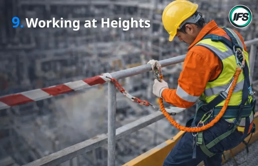 พนักงานสวมอุปกรณ์นิรภัยและสายรัดตัวกำลังทำงานบนที่สูง โดยยึดเชือกนิรภัยกับโครงสร้าง เพื่อป้องกันการตกจากที่สูง - ภาพประกอบบทความ 10 กฎความปลอดภัยของกลุ่มบริษัท ไอเอฟเอส ฟาซิลิตี้ จำกัด