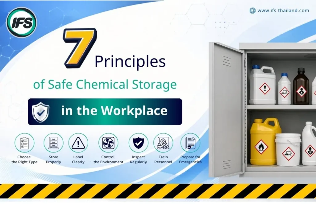 ภาพข้อความ 7 หลักการจัดเก็บสารเคมีอย่างปลอดภัยในที่ทำงาน - หนึ่งในข้อกำหนดสำคัญในการทำงานของการทำงานของกลุ่มบริษัท ไอเอฟเอส ฟาซิลิตี้เซอร์วิสเซส จำกัด