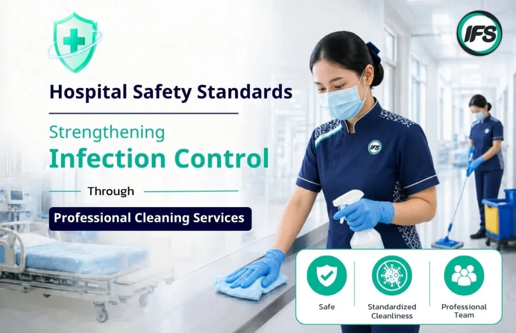 รูปเกี่ยวกับพนักงานทำความสะอาดมืออาชีพให้บริการดูแลความสะอาดและ Infection Control ภายในสถานพยาบาลตามมาตรฐานความปลอดภัย - รูปประกอบบทความ มาตรฐานความปลอดภัยในโรงพยาบาล: ยกระดับ Infection Control ผ่านบริการทำความสะอาดมืออาชีพ จากกลุ่มบริษัท ไอเอฟเอส