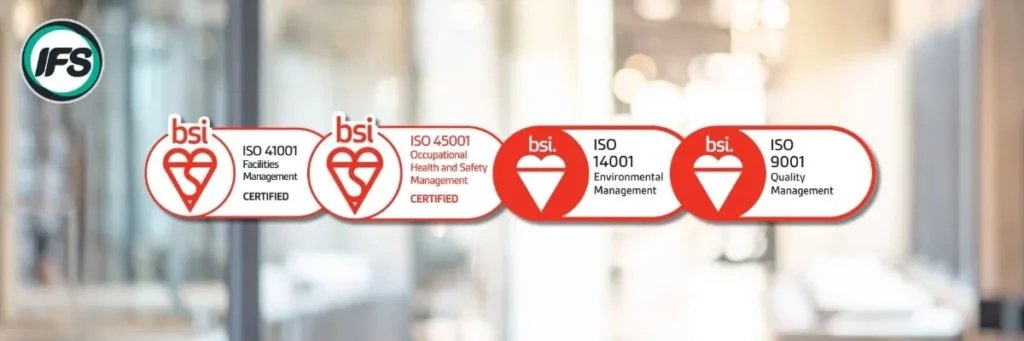 รูปมาตรฐานระดับสากล ISO41001, ISO45001, ISO14001, ISO9001 - เป็นรูปประกอปบทความ เมื่อมาตรฐานสากล กลายเป็นกลไกสำคัญในการควบคุมคุณภาพของการบริหารจัดการอาคาร (FM)