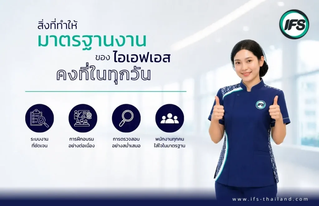 พนักงานทำความสะอาดมืออาชีพแสดงสัญลักษณ์ยืนยันคุณภาพงาน พร้อมสื่อถึงมาตรฐานการทำความสะอาดที่สม่ำเสมอในทุกวันของสำนักงาน ภาพประกอบบทความพนักงานทำความสะอาดมืออาชีพ ทำอะไรบ้างใน 1 วัน | มาตรฐานงานจาก ไอเอฟเอส - บริการทำความสะอาดจากกลุ่มบริษัท ไอเอฟเอส