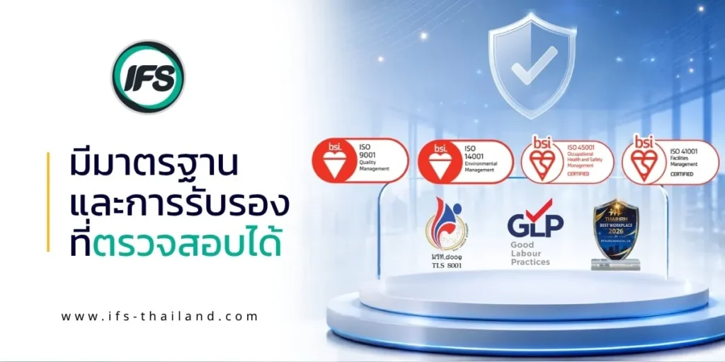 ภาพประกอบแสดงมาตรฐานและการรับรองที่บริษัทได้รับ ได้แก่ ISO 9001, ISO 14001, ISO 45001, ISO 41001 รวมถึงมาตรฐานแรงงานและรางวัลด้านการบริหารทรัพยากรบุคคล สื่อถึงระบบการบริหารที่มีคุณภาพ โปร่งใส และสามารถตรวจสอบได้ ซึ่งเป็นหนึ่งในเกณฑ์สำคัญในการเลือกบริษัทจัดหาแรงงานที่น่าเชื่อถือ - จากกลุ่มบริษัท ไอเอฟเอส (ไอเอฟเอส ฟาซิลิตี้ จำกัด, IFS )
