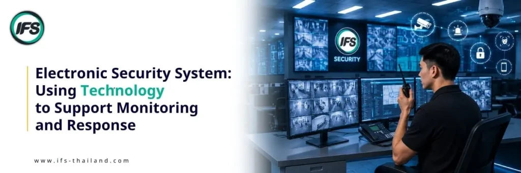 ระบบ Electronic Security ของกลุ่มบริษัท ไอเอฟเอส สำหรับการเฝ้าระวังและตอบสนองเหตุการณ์ด้วยเทคโนโลยี โดยเจ้าหน้าที่ติดตามภาพจากกล้องวงจรปิดและระบบรักษาความปลอดภัยผ่านศูนย์ควบคุม