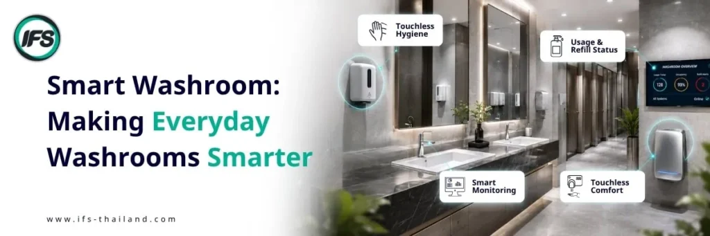โซลูชัน Smart Washroom ของกลุ่มบริษัท ไอเอฟเอสสำหรับห้องน้ำอัจฉริยะ พร้อมระบบสุขอนามัยแบบไร้สัมผัส การติดตามสถานะการใช้งานและการเติมอุปกรณ์ รวมถึงระบบตรวจสอบข้อมูลแบบอัจฉริยะ