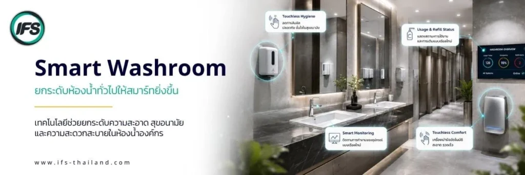 ระบบ Smart Washroom ของกลุ่ม บริษัท ไอเอฟเอส ใช้เทคโนโลยีตรวจสอบการใช้งานและสถานะอุปกรณ์แบบเรียลไทม์ พร้อมระบบไร้สัมผัส เพื่อช่วยยกระดับความสะอาด สุขอนามัย และความสะดวกสบายในห้องน้ำอาคาร