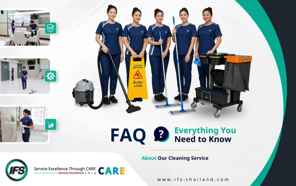 ภาพคำถามที่พบบ่อย (FAQ) เกี่ยวกับบริการทำความสะอาดโดยทีมงานมืออาชีพในประเทศไทย แสดงพนักงานทำความสะอาดพร้อมอุปกรณ์มาตรฐาน เช่น เครื่องดูดฝุ่น ไม้ม็อบ รถเข็นแม่บ้าน และป้ายเตือนพื้นเปียก รวมถึงภาพตัวอย่างการทำความสะอาดพื้นที่สำนักงานและอาคาร เพื่อสร้างความสะอาด สุขอนามัย และสภาพแวดล้อมที่ปลอดภัยสำหรับผู้ใช้งานในทุกพื้นที่ขององค์กร
