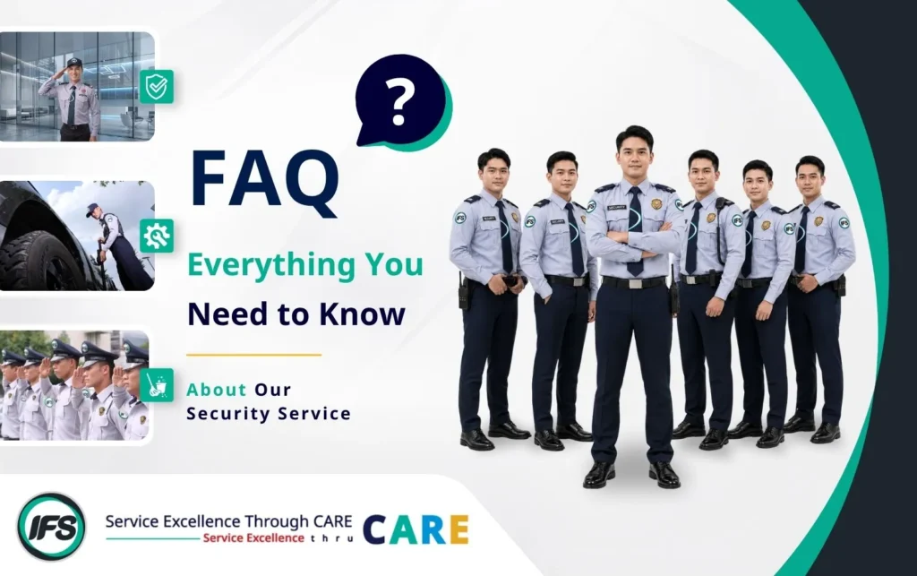 ภาพคำถามที่พบบ่อย (FAQ) เกี่ยวกับบริการรักษาความปลอดภัยในประเทศไทย แสดงทีมเจ้าหน้าที่รักษาความปลอดภัย (Security Guard) พร้อมภาพตัวอย่างการปฏิบัติงาน เช่น การรักษาความปลอดภัยอาคาร การตรวจสอบพื้นที่ และการปฏิบัติงานตามมาตรฐาน เพื่อให้ผู้ใช้งานเข้าใจรูปแบบการให้บริการและข้อมูลสำคัญก่อนตัดสินใจเลือกใช้บริการ - กลุ่มบริษัท ไอเอฟเอส