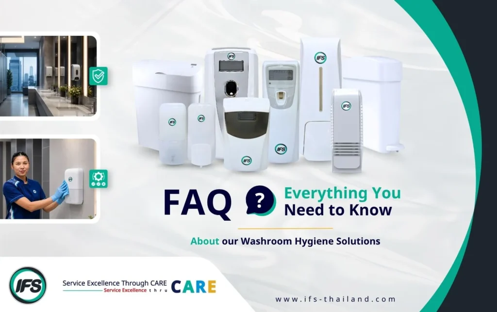 ภาพคำถามที่พบบ่อย (FAQ) เกี่ยวกับ Professional Washroom Hygiene Solutions สำหรับองค์กร แสดงอุปกรณ์สุขอนามัยภายในห้องน้ำ เช่น เครื่องจ่ายสบู่ เครื่องจ่ายกระดาษ เครื่องพ่นน้ำหอม เครื่องกำจัดกลิ่น และอุปกรณ์สุขอนามัยเชิงพาณิชย์ พร้อมตัวอย่างการติดตั้งและการใช้งาน เพื่อช่วยยกระดับความสะอาด สุขอนามัย และประสบการณ์ของผู้ใช้งานในอาคารสำนักงาน โรงพยาบาล โรงแรม ศูนย์การค้า และสถานประกอบการ