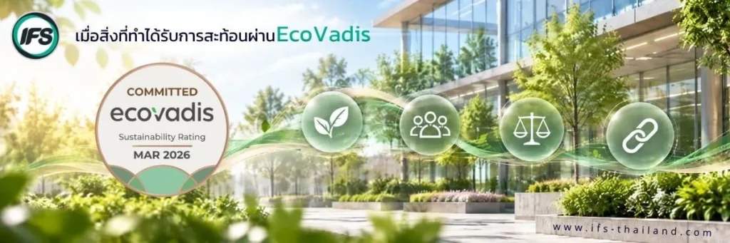 ภาพแสดงตราการประเมินความยั่งยืน EcoVadis Committed Sustainability Rating ประจำเดือนมีนาคม 2026 ของกลุ่มบริษัท ไอเอฟเอส (IFS Thailand) บนฉากอาคารสำนักงานที่รายล้อมด้วยพื้นที่สีเขียว พร้อมสัญลักษณ์ใบไม้ กลุ่มบุคคล ตาชั่ง และห่วงโซ่ สื่อถึงการประเมินความยั่งยืนขององค์กรใน 4 ด้านสำคัญ ได้แก่ การจัดการสิ่งแวดล้อม (Environment) แรงงานและสิทธิมนุษยชน (Labour & Human Rights) จริยธรรมทางธุรกิจ (Ethics) และการจัดซื้อจัดจ้างอย่างยั่งยืน (Sustainable Procurement) สะท้อนแนวทางการดำเนินธุรกิจอย่างรับผิดชอบตามหลักความยั่งยืนของกลุ่มบริษัท ไอเอฟเอส