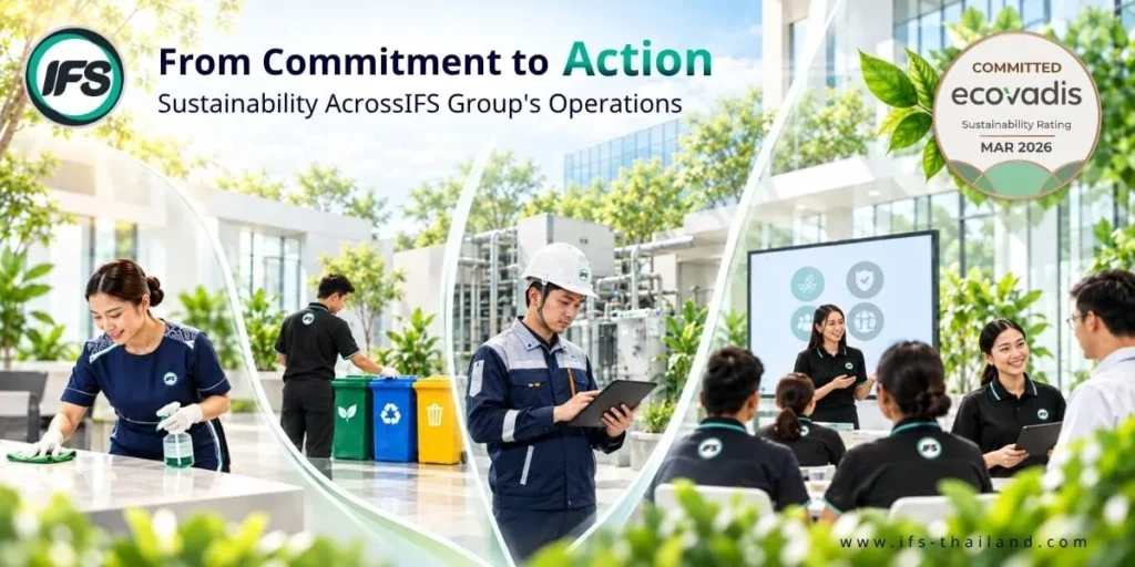 ภาพแสดงแนวทางการดำเนินธุรกิจอย่างยั่งยืน (Sustainability) ของกลุ่มบริษัท ไอเอฟเอส (IFS Thailand) ภายใต้แนวคิด “จากความตั้งใจสู่การลงมือทำ” ประกอบด้วยพนักงานทำความสะอาดพื้นที่ การคัดแยกขยะ เจ้าหน้าที่เทคนิคตรวจสอบระบบอาคารผ่านแท็บเล็ต และบุคลากรร่วมประชุมแลกเปลี่ยนความรู้ สะท้อนการบริหารจัดการสิ่งแวดล้อม การดูแลบุคลากร และการดำเนินงานอย่างรับผิดชอบตามแนวทาง ESG พร้อมแสดงตรา EcoVadis Committed Sustainability Rating ประจำเดือนมีนาคม 2026 ซึ่งเกี่ยวข้องกับการประเมินความยั่งยืนขององค์กรในระดับสากล